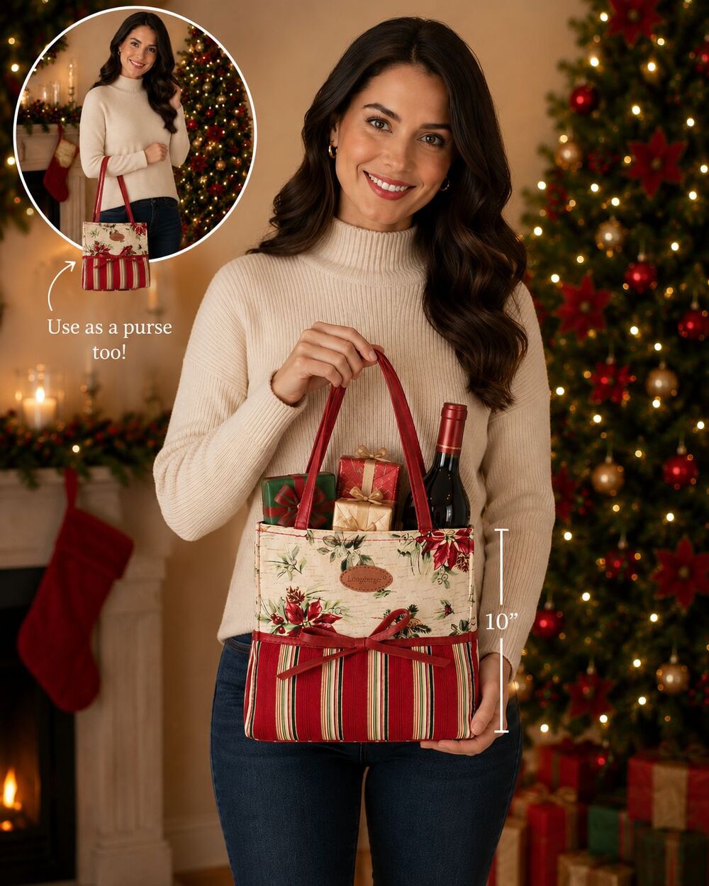 Longaberger Holiday Poinsettia Tote Purse Gift Bag Wine Carrier Christmas Red